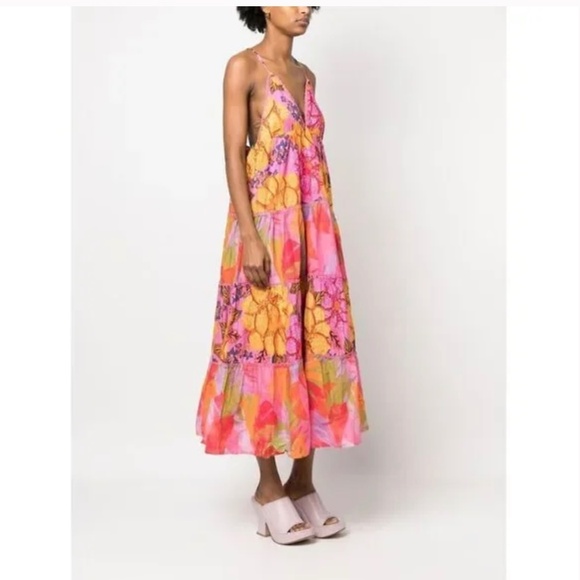 NWT Farm Rio Floral Tiered Midi Dress Pink Orange Cotton Size S - Picture 3 of 7